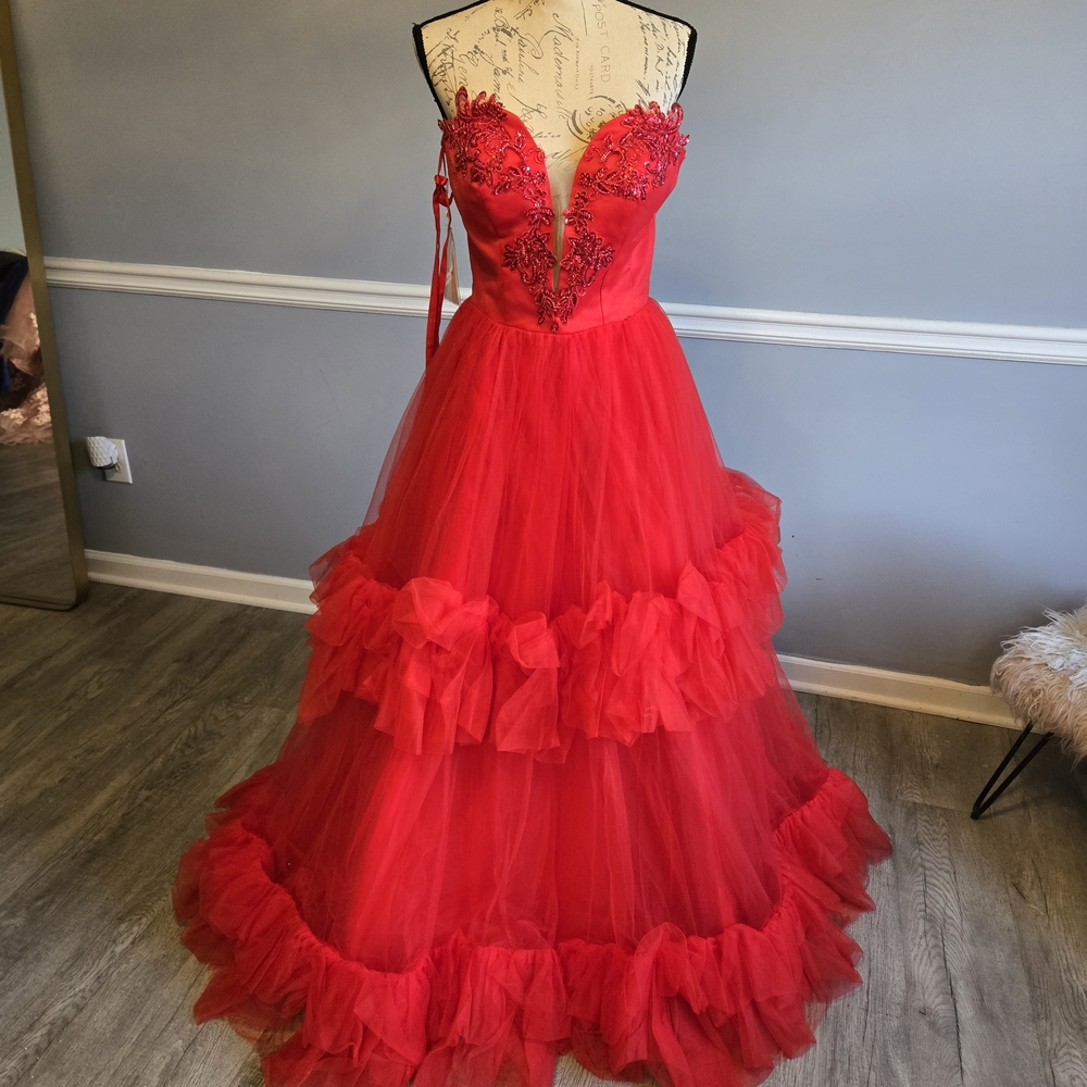 Stunning Red Tulle Gown with Embroidered Bodice Wedding Prom Dress